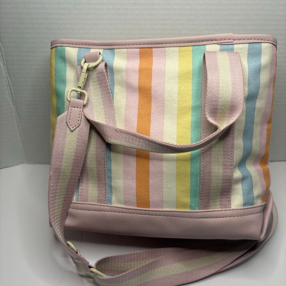 Betsey Johnson Canvas Tote Colorful Rainbow Stripe Floral Bag Charm NWT - Picture 4 of 14